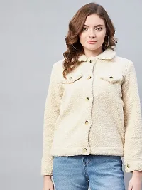 Stylish Beige Fleece Self Design Button Jackets For Women-thumb4