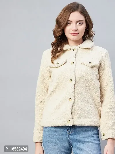 Stylish Beige Fleece Self Design Button Jackets For Women-thumb5