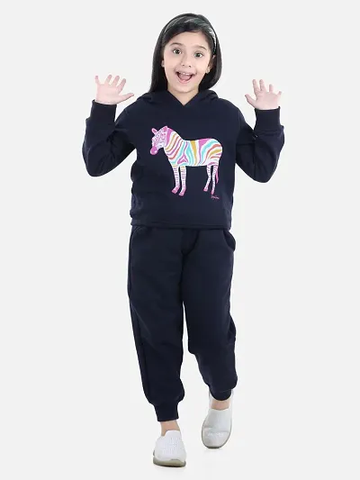 Charming Navy Blue Cotton Jersey Printed Tracksuit For Girls
