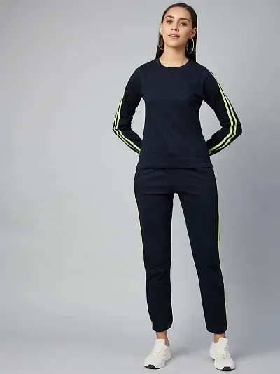 Stylish Navy Blue Cotton Striped Sports Top with Bottom Set For Women