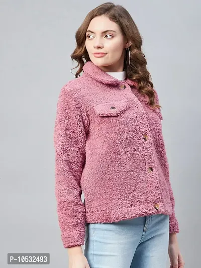 Stylish Pink Fleece Self Design Button Jackets For Women-thumb0