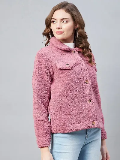 Stylish Pink Fleece Self Design Button Jackets For Women