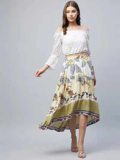 Contemporary White Pure Cotton Printed Top And Skirt Set For Women