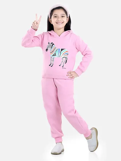 Charming Light Pink Cotton Jersey Printed Tracksuit For Girls