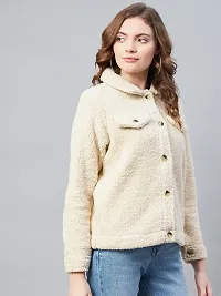 Stylish Beige Fleece Self Design Button Jackets For Women-thumb3