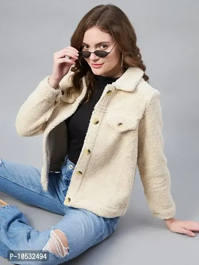 Stylish Beige Fleece Self Design Button Jackets For Women-thumb0