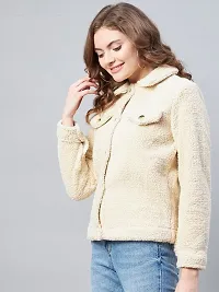 Stylish Beige Fleece Self Design Button Jackets For Women-thumb2