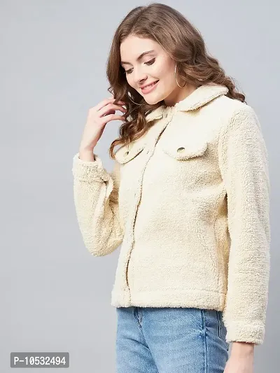 Stylish Beige Fleece Self Design Button Jackets For Women-thumb3