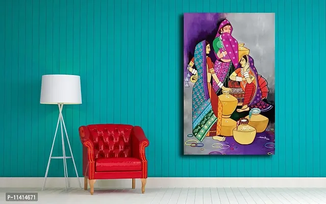 PIXELARTZ Indian Village Scene Modern Indian Art Paintings Without Frame for Home Decor Bedroom Drawing and Living Room (Canvas, Multicolour)-thumb2