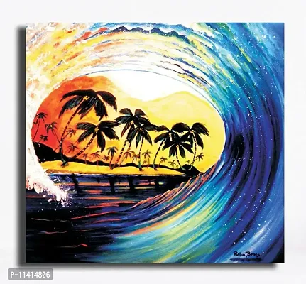 PIXELARTZ Canvas Painting - Waves with Palm Trees - Modern Art Paintings - Paintings for Home Decor - Paintings for Drawing Room - Wall Paintings for Bedroom - Paintings for Living Room - Canvas Paintings for Wall - Without Frame.