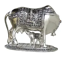 Jaisakshi Silver Oxidize Metal Handmade Good Luck Holy kamdhenu Cow with Calf Statue/Pooja articals/Showpiece/Metal gaye bachda Set [ gaye with bachda ]-thumb2