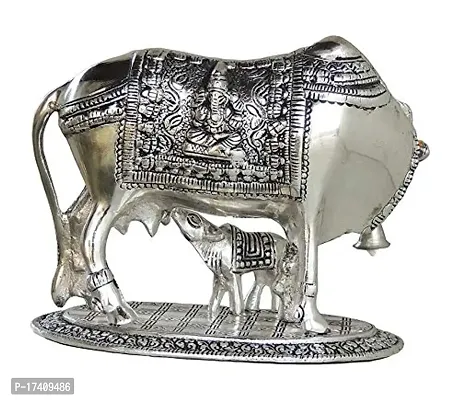 Jaisakshi Silver Oxidize Metal Handmade Good Luck Holy kamdhenu Cow with Calf Statue/Pooja articals/Showpiece/Metal gaye bachda Set [ gaye with bachda ]-thumb3