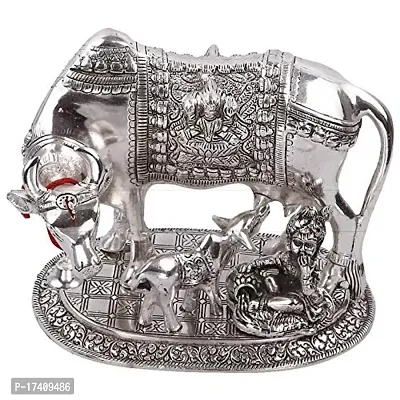 Jaisakshi Silver Oxidize Metal Handmade Good Luck Holy kamdhenu Cow with Calf Statue/Pooja articals/Showpiece/Metal gaye bachda Set [ gaye with bachda ]-thumb4