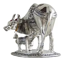 Jaisakshi Silver Oxidize Metal Handmade Good Luck Holy kamdhenu Cow with Calf Statue/Pooja articals/Showpiece/Metal gaye bachda Set [ gaye with bachda ]-thumb1