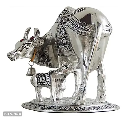 Jaisakshi Silver Oxidize Metal Handmade Good Luck Holy kamdhenu Cow with Calf Statue/Pooja articals/Showpiece/Metal gaye bachda Set [ gaye with bachda ]-thumb2