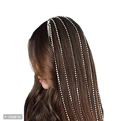 Women's Latest Rhinestone Long Tassel Headband | Hairband | Bridal Tassel Headband Hair Chain Jewelry with Crystal Rhinestones for Weddings and Parties (Pack of 1, Silver)-thumb0