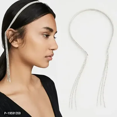 Rhinestone Long Tassel Hair Chain Hair Band for Women | Diamond Hairband for Parties Wedding | Bridal Crystal HeadBand | (Silver)