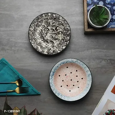 The Decor Lane Ceramic Hand-Painted Pasta Plate | Soup Plate | Snack Plate | Size 7 inch |Microwave Safe, Oven Safe |Set of 2 Plates (Pink-Black)