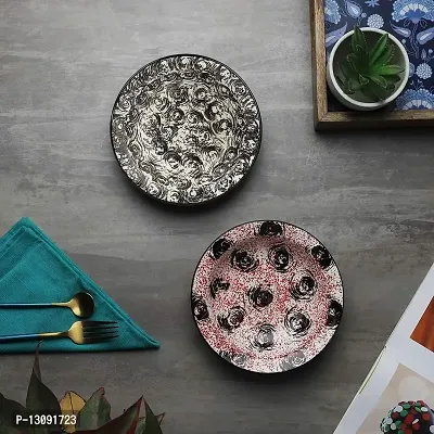 The Decor Lane Ceramic Hand-Painted Pasta Plate | Soup Plate | Snack Plate | Size 7 inch |Microwave Safe, Oven Safe |Set of 2 Plates (Black-Maroon)-thumb0