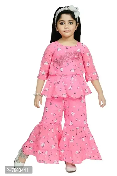 Pink Cotton Blend Self Pattern Top With Bottom Set Frock For Girls