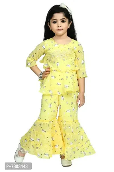 Yellow Cotton Blend Self Pattern Top With Bottom Set Frock For Girls