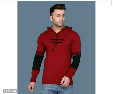 Elegant Maroon Cotton Blend Long Sleeves Hooded Tees For Men