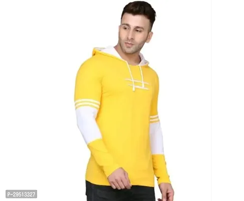 Elegant Yellow Cotton Blend Long Sleeves Hooded Tees For Men