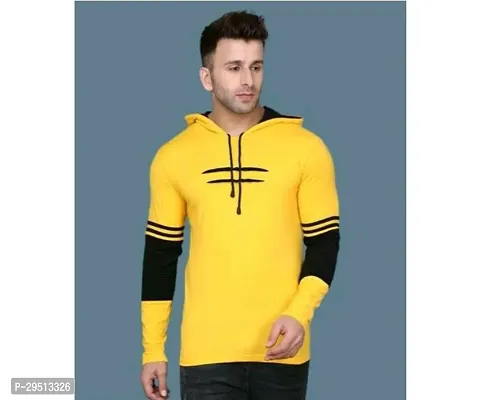 Elegant Yellow Cotton Blend Long Sleeves Hooded Tees For Men