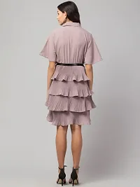 Elegant Lavender Cotton Shirt Collar Tiered Self Design Dress For Women-thumb1