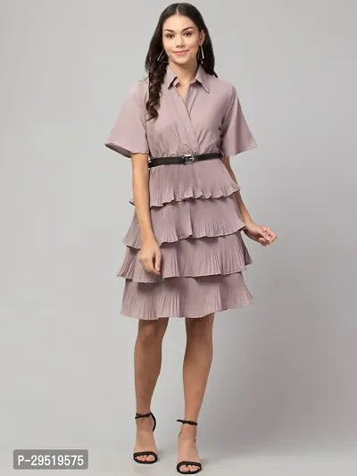 Elegant Lavender Cotton Shirt Collar Tiered Self Design Dress For Women