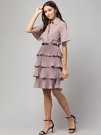 Elegant Lavender Cotton Shirt Collar Tiered Self Design Dress For Women-thumb2