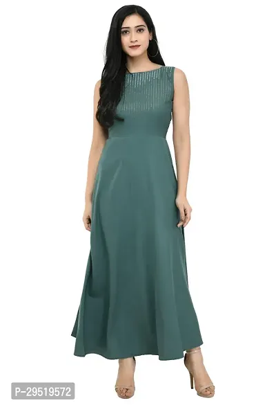 Trendy Green Cotton Embellished Partywear Maxi Dress For Women-thumb0