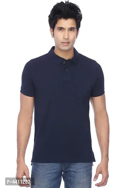 Classy Navy Blue Cotton Blend Solid Polo T-Shirt For Men