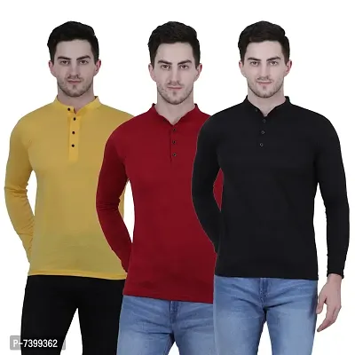 Stunning Cotton Blend Solid Henley Tees For Men- Pack Of 3