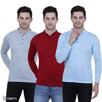 Stunning Cotton Blend Solid Henley Tees For Men- Pack Of 3