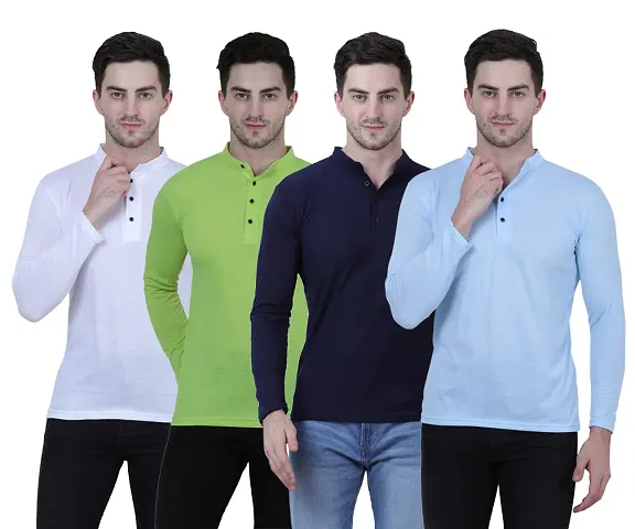 Pack Of 4 Multicoloured Cotton Blend Solid Henley T Shirt