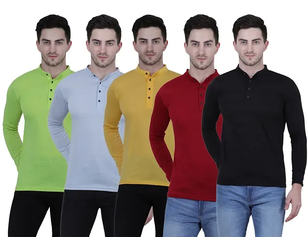 Pack Of 5 Multicoloured Cotton Blend Solid Henley T Shirt