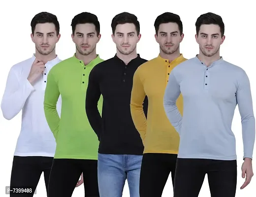 Stunning Cotton Blend Solid Henley Tees For Men- Pack Of 5