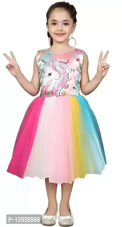 Unicorn Printed Multicolors Frock in Net for Girls Kids_3-4 Years