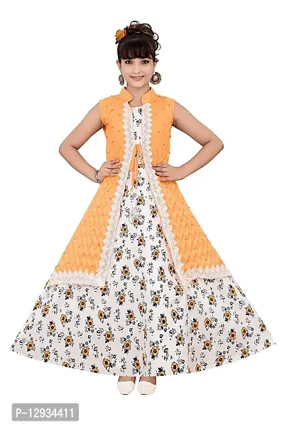 Kitty-Fashion New Cotton Flower Printed A-Line Gown for Girls (5-6 Years, Yellow)