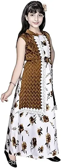 Kitty-Fashion New Cotton Flower Printed A-Line Gown for Girls (6-7 Years, Brown)-thumb2