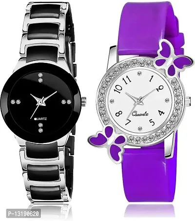 DKEROAD Analog Stainless Steel-Silicone Silver Black-Purple Strap Watch for Girls | Casual-Formal-Party-Wedding | - Model367-thumb0