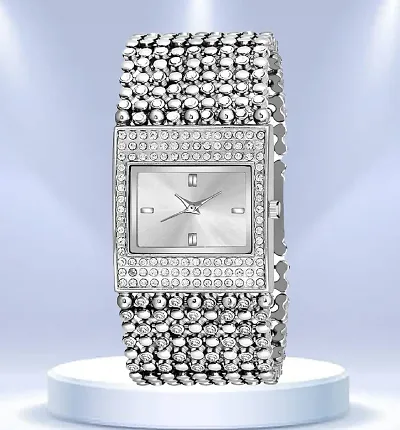 Diamond Studded Rectangular Dial With Mesh Strap Bracelet Type Analog Watch For Women