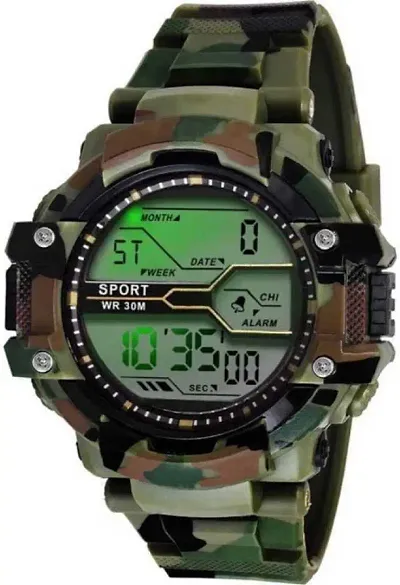 Digital Watch for Boys (Black Dial, Army Colored Strap)