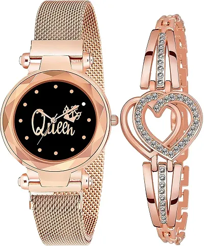 Swadesi Stuff Metal Strap Magnet Watch Heart Shape Diamond Bracelet Combo for Women Girls (Rose Gold)