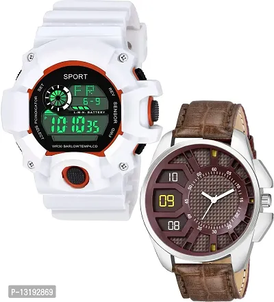 DKEROAD Analog-Digital Silicone-Synthetic Leather White-Bronze Strap Watch for Boys | Sports-Casual-Formal-Party-Wedding | - Model61