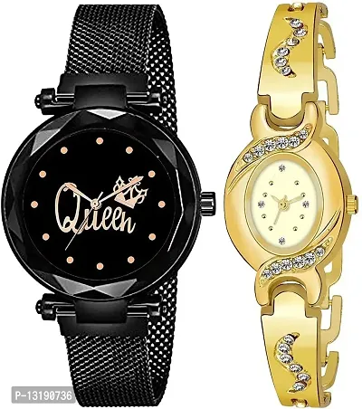 DKEROAD Analog Stainless Steel-Synthetic Leather Black-Gold Strap Watch for Girls | Casual-Party-Wedding | - Model270