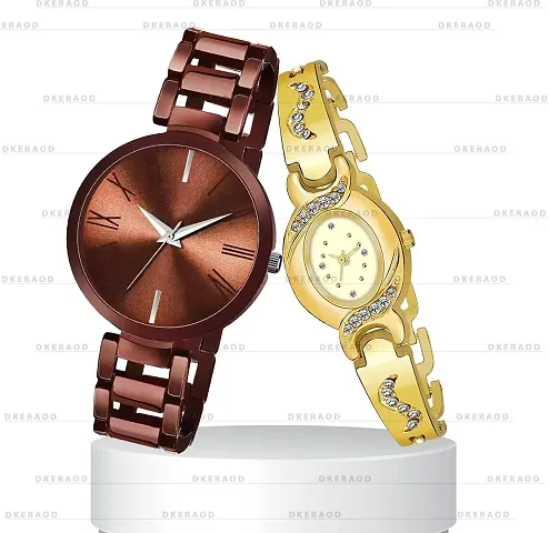 DKEROAD Analog Metal Gold-Brown Strap Watch for Girls | Casual-Party-Wedding-Formal | - Model548