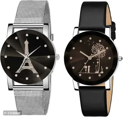 DKEROAD Analog Metal-Synthetic Leather Black-Silver Strap Watch for Girls | Casual-Party-Wedding-Formal | - Model430