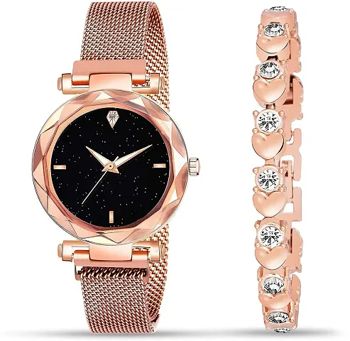 Swadesi Stuff Metal Strap Magnet Watch Diamond Bracelet Combo for Women Girls (Silver)